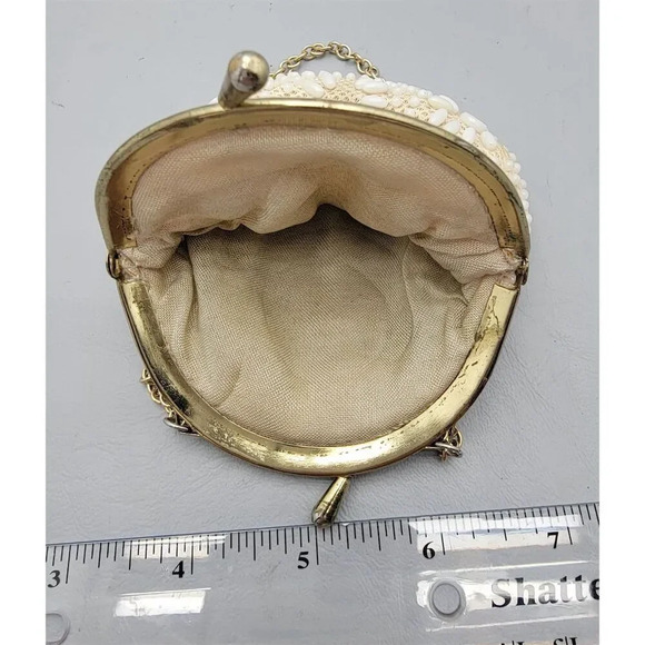 Vintage Ivory Beaded Evening Clutch with Gold Chain & Kiss Clasp - Picture 2 of 2